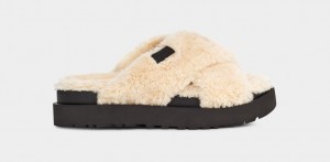 Ugg Fuzz Sugar Cross Women's Slides Beige / Black | CHEXTFP-20