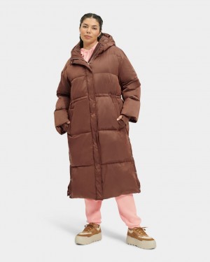 Ugg Keeley Long Puffer Women's Coats Dark Brown | BWXNLED-93
