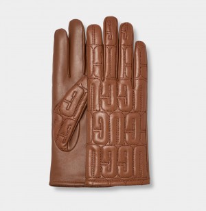 Ugg Leather Quilted Logo Women's Gloves Brown | BHGLTCS-13