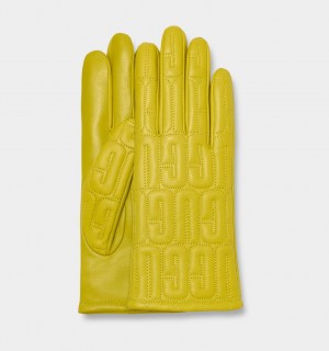 Ugg Leather Quilted Logo Women's Gloves Yellow | YVFHBRW-54