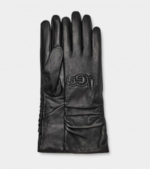 Ugg Leather Scrunched Logo Women's Gloves Black | FEQJAYH-26
