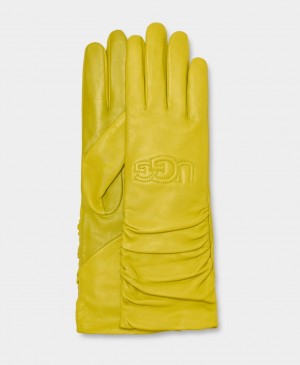 Ugg Leather Scrunched Logo Women's Gloves Yellow | YDNWEFL-37