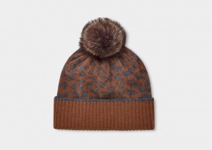 Ugg Pryce Leopard Rib Knit Pom Women's Hats Grey | EQIUMHD-45