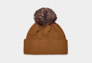 Ugg Pryce Rib Knit Pom Women's Hats Brown | FYAIEWR-98