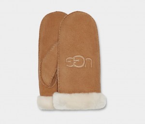 Ugg Shearling Embroider Mitten Women's Gloves Brown | OEHNMPD-08