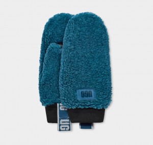 Ugg Sherpa Mitten W Logo Tape Women's Gloves Blue | YQGXSIJ-27