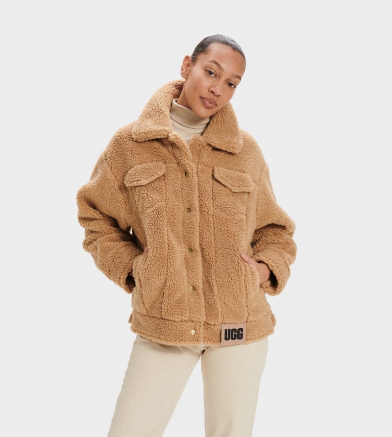 Ugg Frankie Sherpa Trucker Women\'s Jackets Brown | CYHMFUV-21