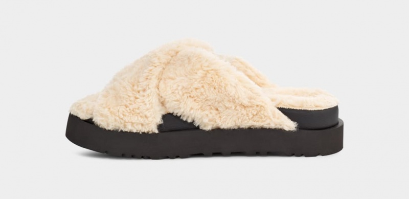 Ugg Fuzz Sugar Cross Women's Slides Beige / Black | CHEXTFP-20