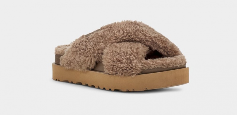 Ugg Fuzz Sugar Cross Women's Slides Chocolate | MPELJBF-59
