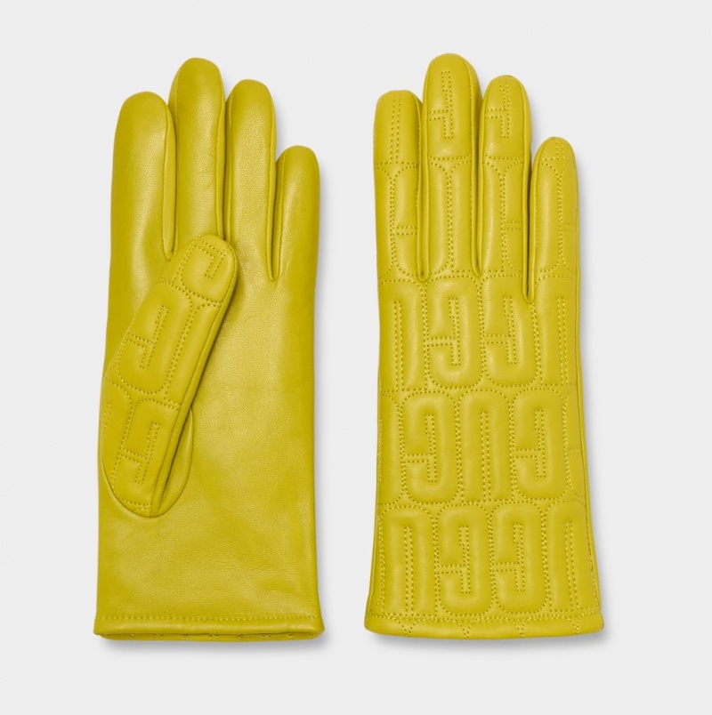 Ugg Leather Quilted Logo Women's Gloves Yellow | YVFHBRW-54