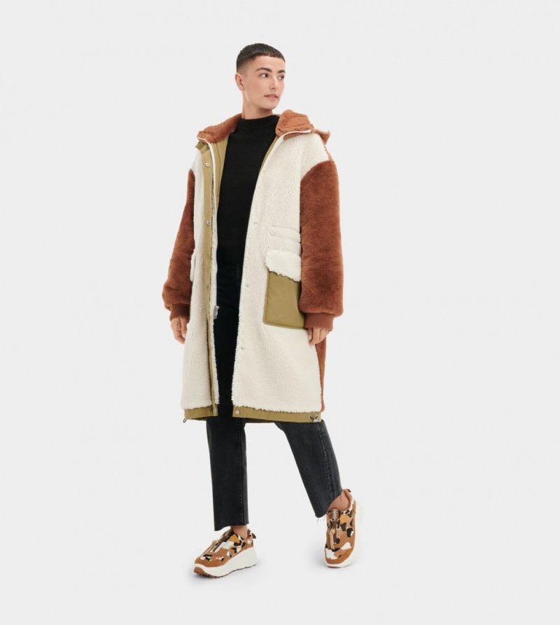 Ugg Letty Sherpa Block Women's Coats Olive / Multicolor | OLWBHZJ-06