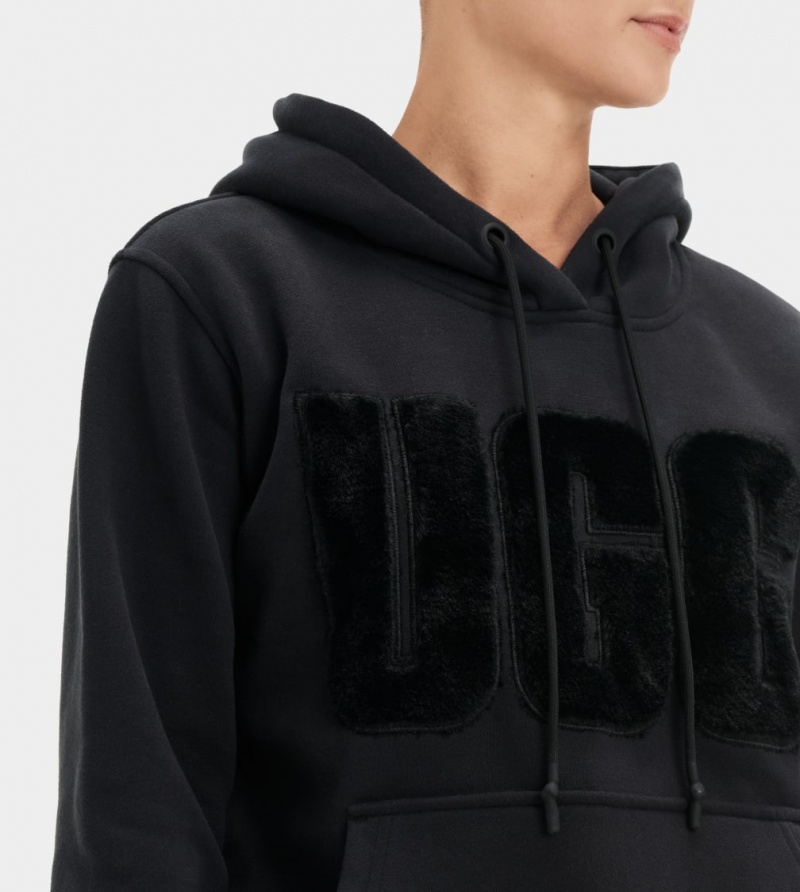 Ugg Rey Fuzzy Logo Women's Hoodie Black | NAFHJVU-58