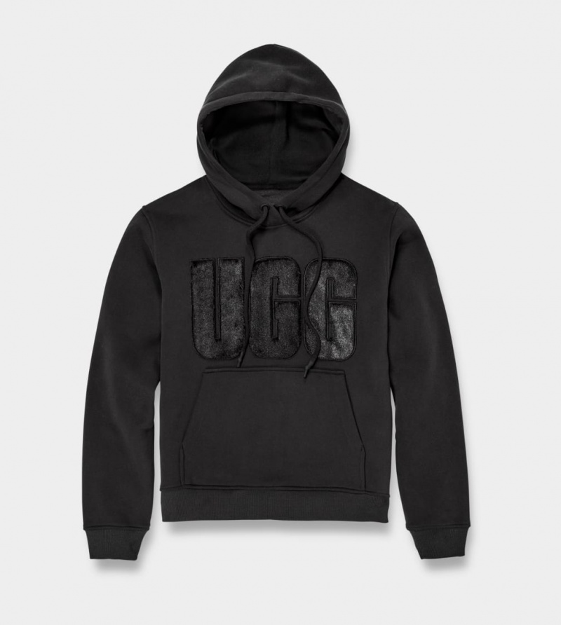 Ugg Rey Fuzzy Logo Women's Hoodie Black | NAFHJVU-58