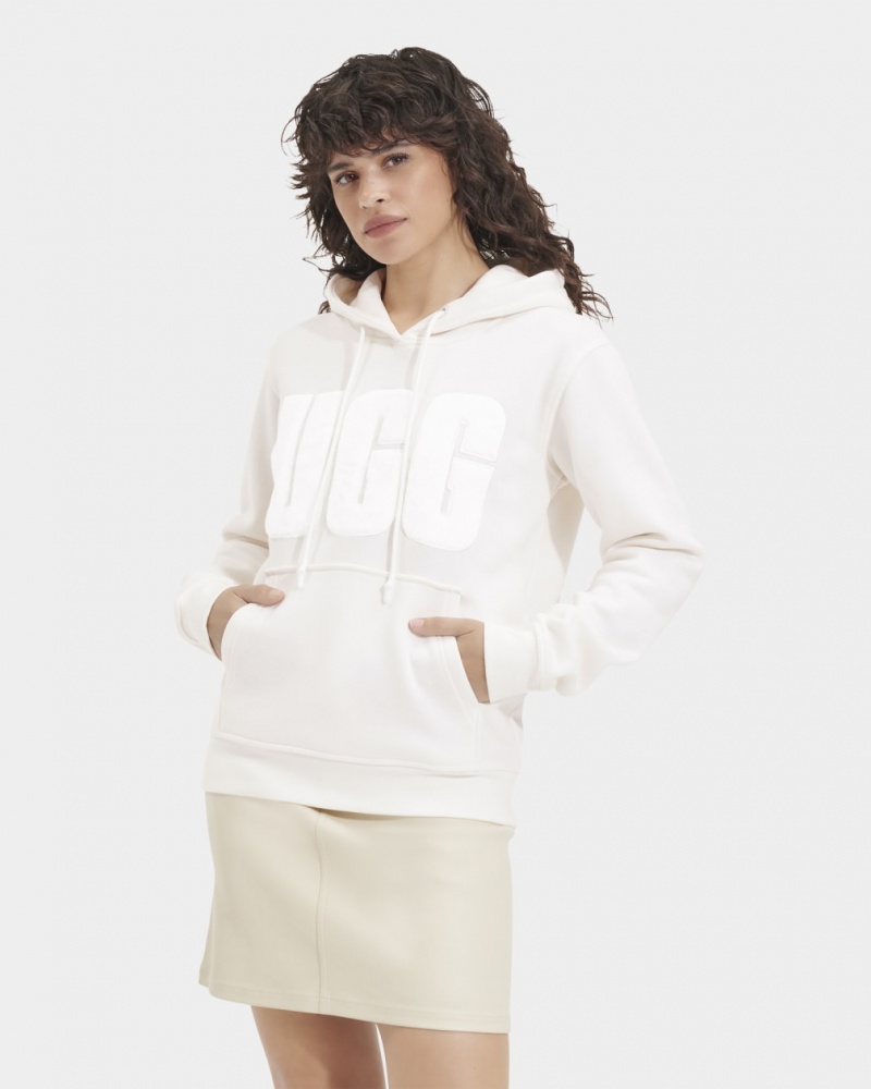 Ugg Rey Fuzzy Logo Women\'s Hoodie White | DNZCQUL-62